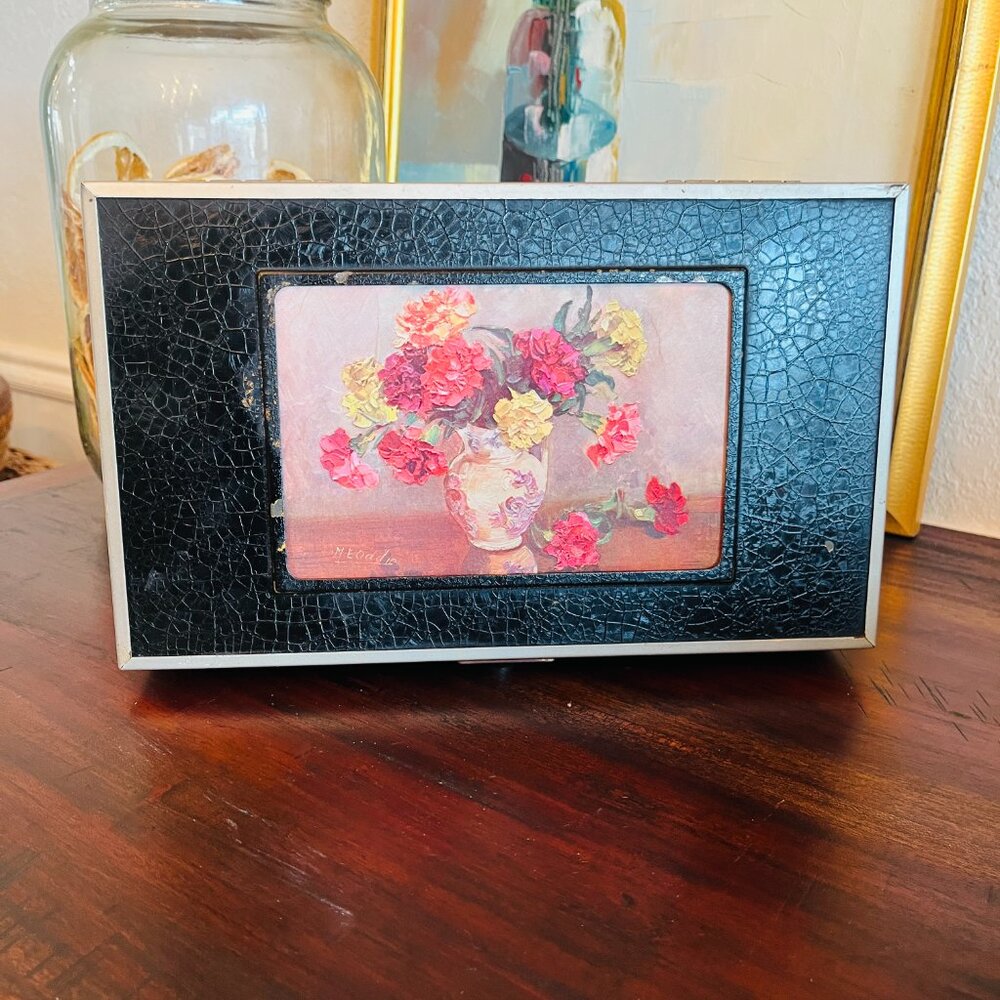 Antique 1920s Box Wood Metal Leather Floral Grandma Cottagecore Americana Histor - Picture 15 of 15